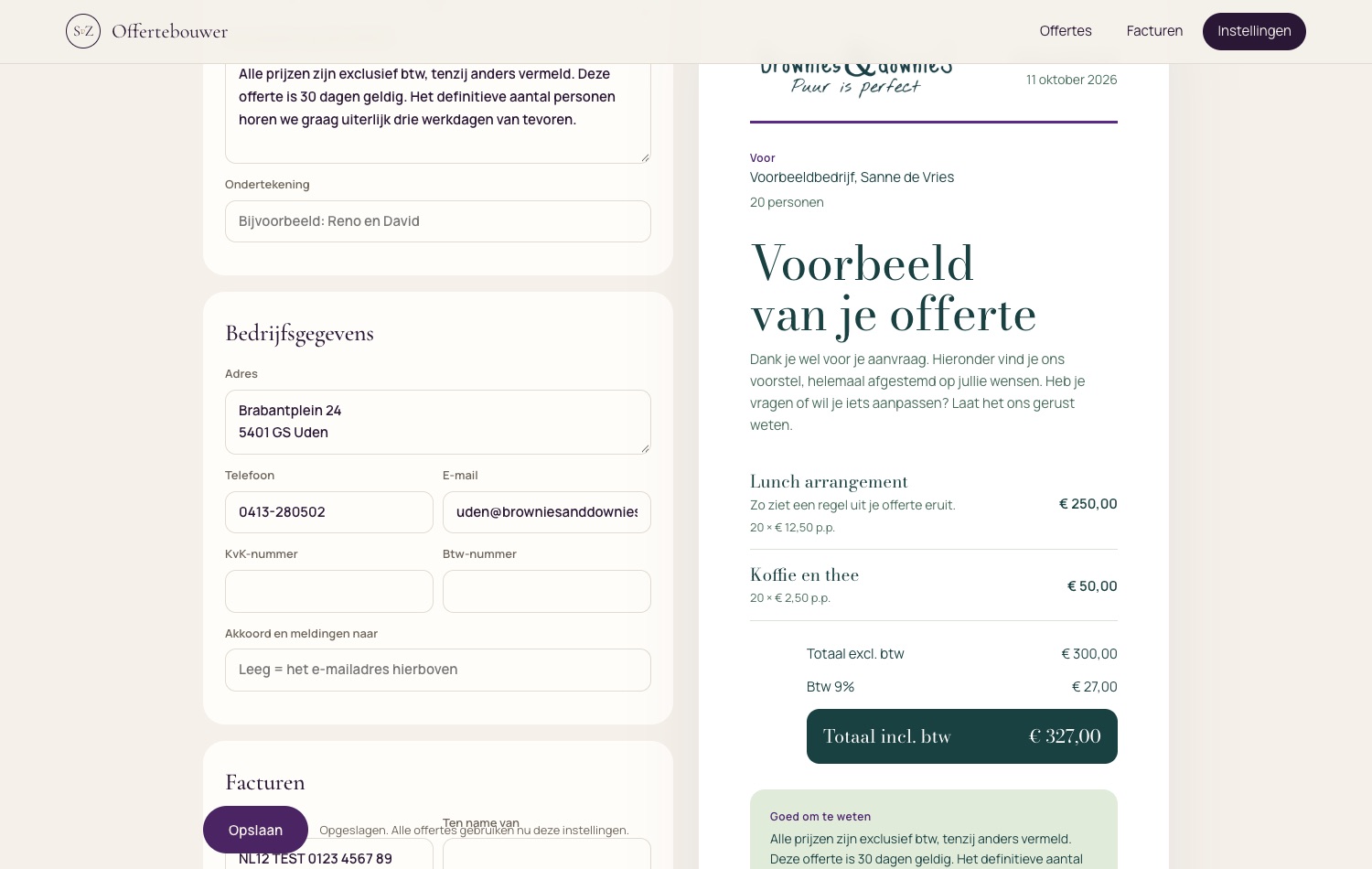 De instellingen met je eigen huisstijl en een voorbeeld van je offerte